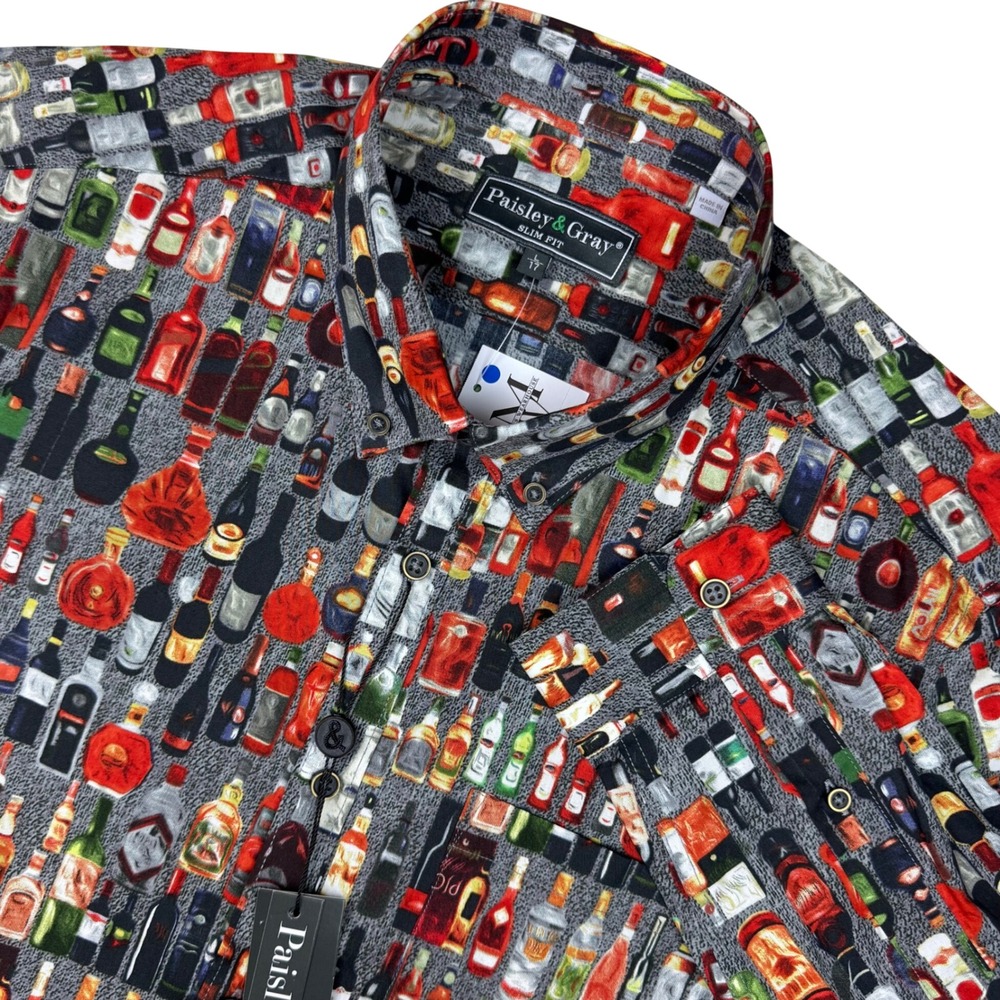 NEW Paisley & Gray Button Down Shirt Mens L Bar Liquor Bottle Print Slim Fit Fun